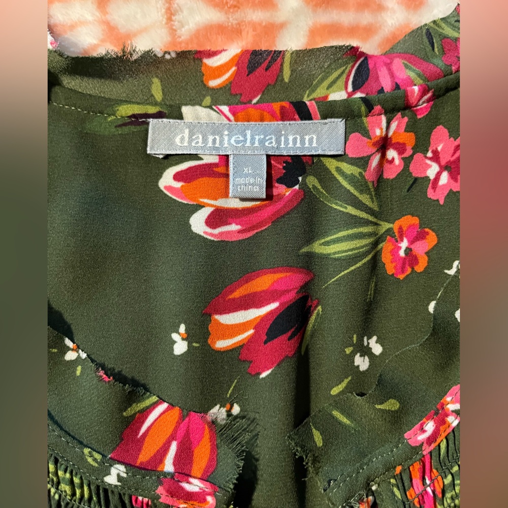 Daniel Rainn Green Blouse with Pink and Orange Floral Design